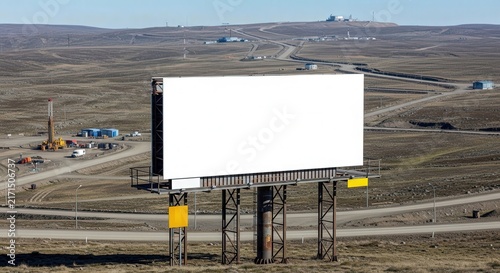 A large blank white billboard stands prominently in a vast, arid, and open landscape with industrial structures and dirt roads in the distant background under a clear sky.