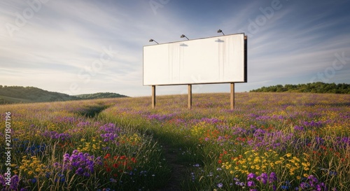 A large blank billboard stands prominently in a vibrant wildflower field under a bright sky, with a winding path leading towards it.