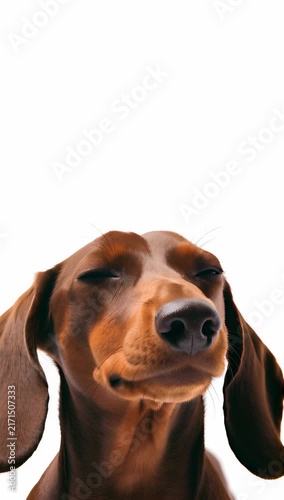 video of a cute smooth-coated reddish-brown Dachshund dog in an extreme close-up portrait against a pure high-key white studio background