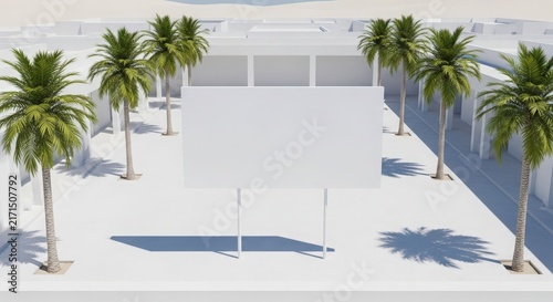 Minimalist outdoor setting with a large blank white billboard surrounded by palm trees and modern architecture.