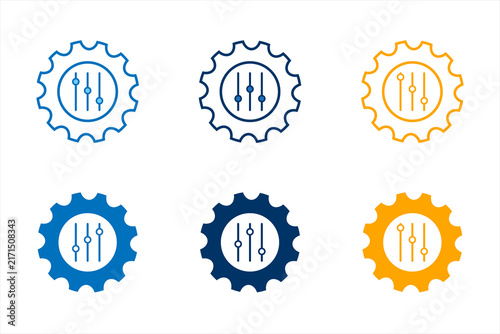 Blue and orange equalizer icons inside gear wheels with equalizer settings technology engineering