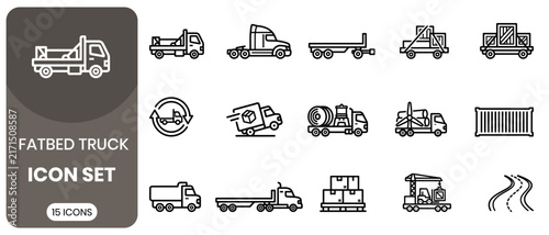 Fatbed truck icon set featuring various types of industrial and commercial vehicles