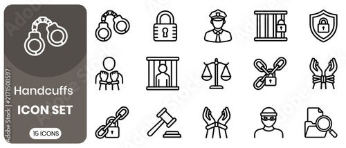 Handcuffs and law enforcement icon set representing justice and security elements