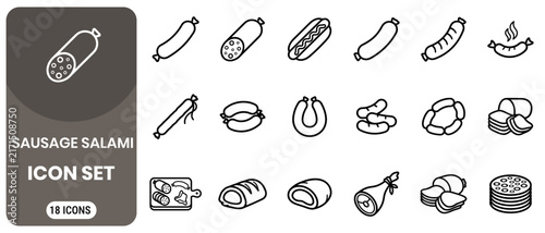 Sausage and salami icon set featuring various meat and deli product illustrations