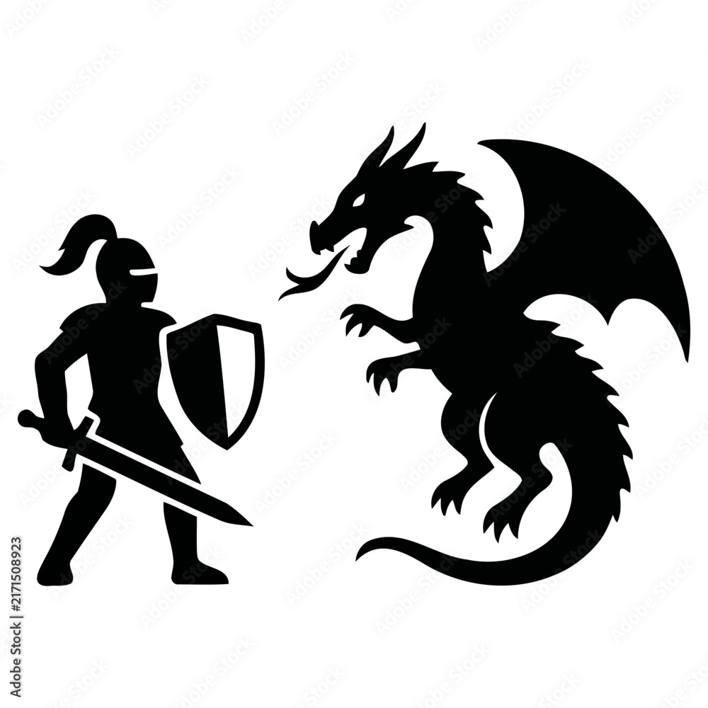 Obraz premium Black and white vector illustration showing a brave armored knight standing ready to battle a powerful fire breathing dragon in a medieval conflict