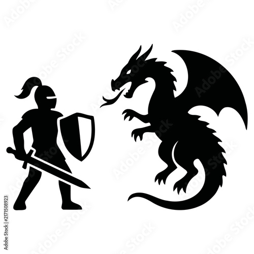 Black and white vector illustration showing a brave armored knight standing ready to battle a powerful fire breathing dragon in a medieval conflict