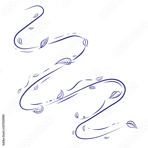 Abstract Flowing Line Art with Hand Drawn Botanical Leaves, Minimalist Nature Illustration
