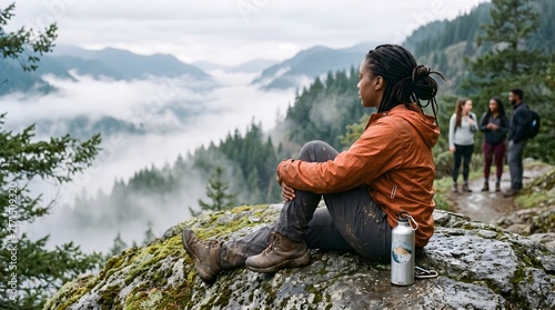Woman in burnt-orange windbreaker sitting alone on moss rock above misty valley, processing emotions during hike