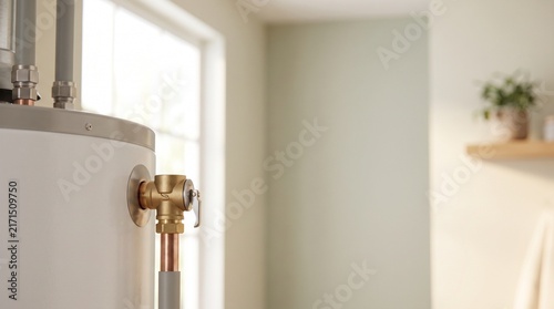 Water heater temperature relief valve in a modern bathroom setting  