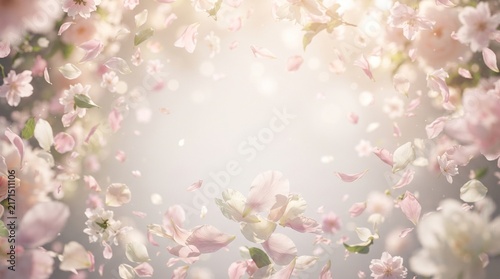 Magical Spring Background with Delicate Pink Cherry Blossoms and Soft Floating Petals in Warm Sunlight