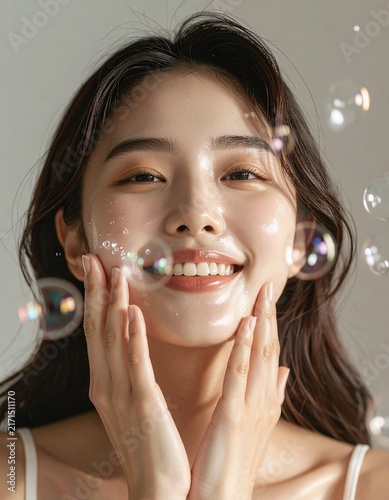 거품으로 세안하고 있는 뷰티모델