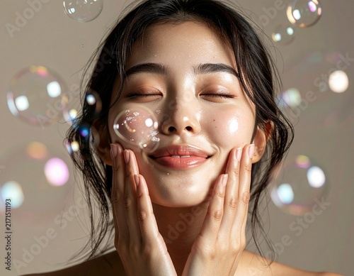 거품으로 세안하고 있는 뷰티모델