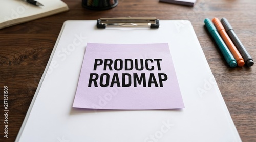 Product roadmap written on a purple sticky note placed on white clipboard with colorful markers