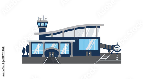 Modern Airport Terminal Building with Jet Bridge and Control Tower