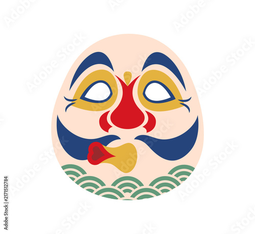 Foto Japanese Hyottoko festival mask with funny face, puckered mouth and traditional Japan wave ornament