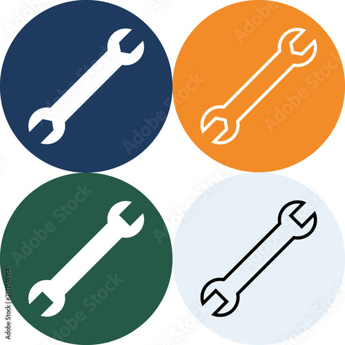Wrench spanner tool icons inside colorful circular badges on a white background with equipment