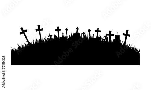 Detailed solid black Halloween graveyard silhouette vector icon featuring an array of spooky crosses and weathered tombstones perfect for holiday themed graphic designs