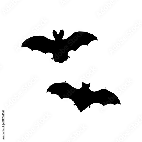 Detailed solid black two flying bats silhouette vector icon featuring wide outstretched wings set against a clean white background perfect for Halloween graphic designs