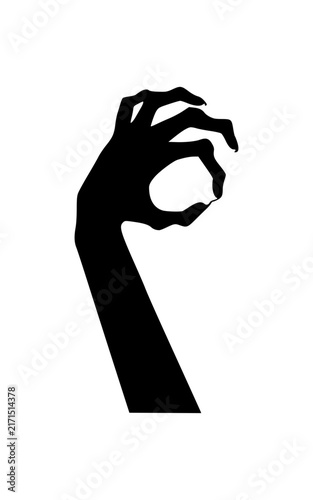 Detailed solid black zombie hand silhouette vector icon making an OK sign with claw like fingers and ragged wrist set against a clean white background perfect for Halloween graphic designs