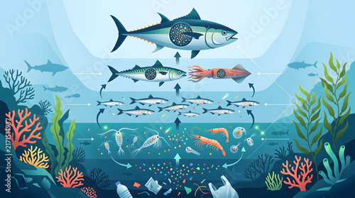 Marine food web graphic visualizes the complex energy transfer between aquatic species from microscopic plankton to large predatory fish.