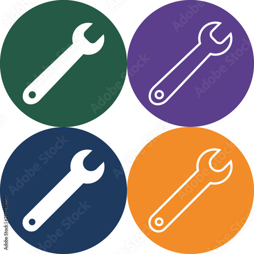 Four colorful circular icons containing wrench and spanner tool graphics with hardware