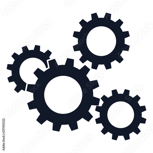Black silhouette of four interlocking mechanical gears symbolizing teamwork and industrial