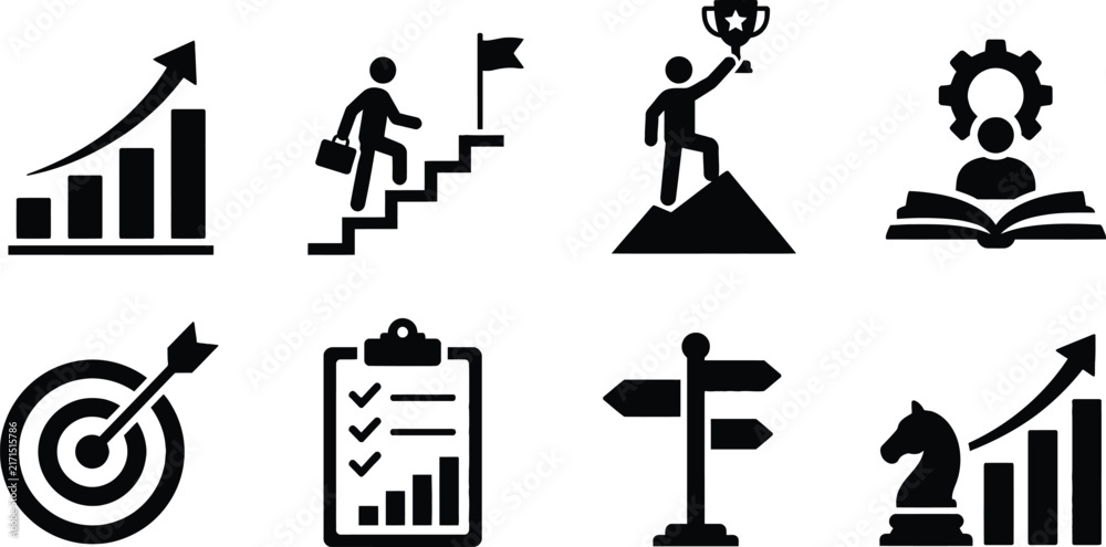 Fototapeta premium Professional Business Success and Strategy Icon Set for Career Growth, Goal Achievement, Leadership Development, Financial Progress, Strategic Planning, and Corporate Performance Analysis