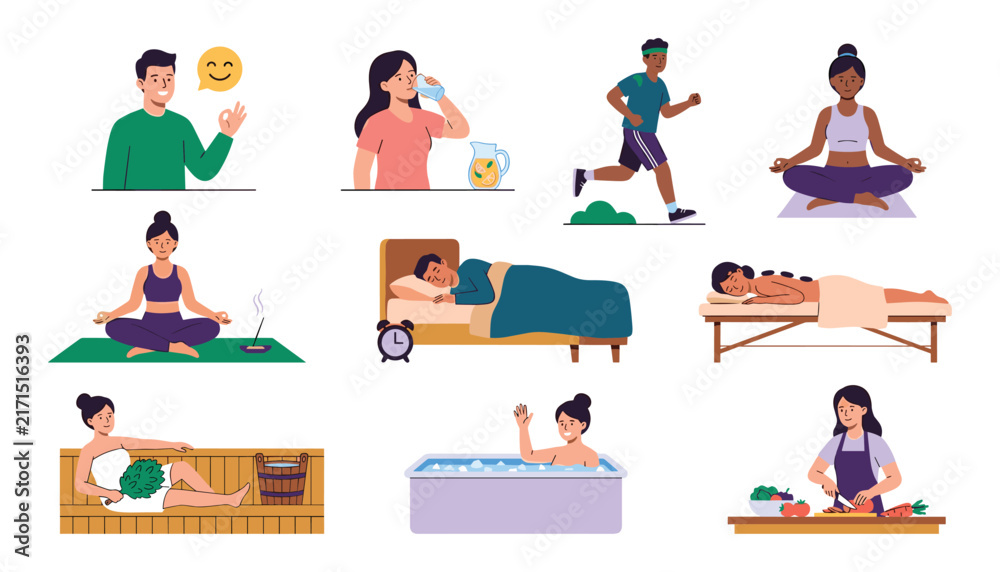 Fototapeta premium Healthy Lifestyle and Self Care Vector Icon Set Featuring Meditation Yoga Sleeping Running Healthy Cooking Spa Massage and Wellness Activities
