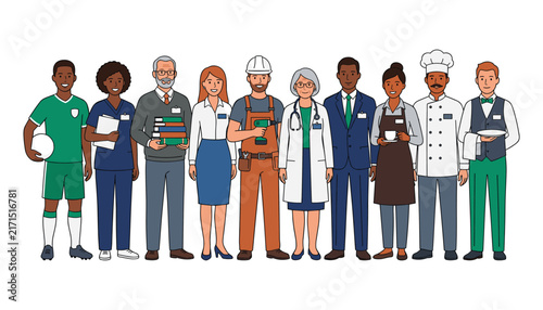 Group of diverse professionals from various industries standing together representing different occupations careers labor day and employment teamwork concept vector illustration.