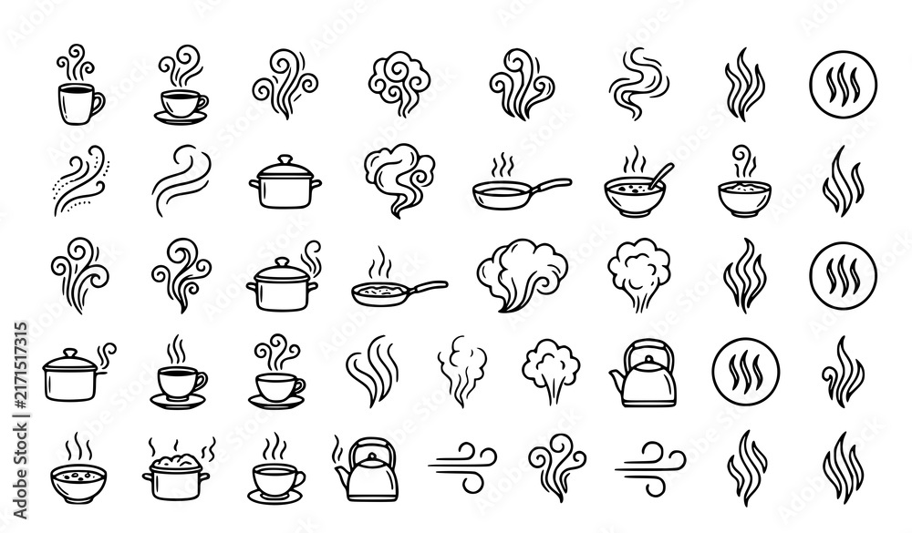 Fototapeta premium Steam and Smoke Line Icon Set, Hand Drawn Hot Food, Coffee Cup, Pan and Kettle Vapor Vector Outline Illustration