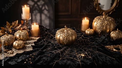 A luxury Halloween background with black velvet texture, gold pumpkin accents, refined spider web lines, and subtle candle glow, premium editorial design, 8k.