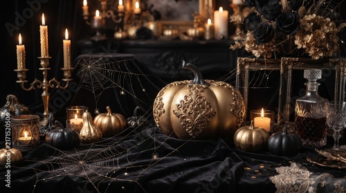 A luxury Halloween background with black velvet texture, gold pumpkin accents, refined spider web lines, and subtle candle glow, premium editorial design, 8k.