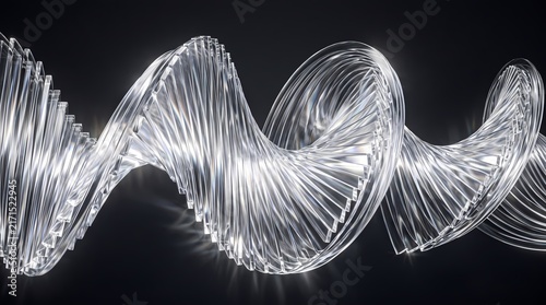 An abstract 3D render featuring transparent glass plates arranged in a dynamic helical vortex structure, catching bright reflections against a dark background.