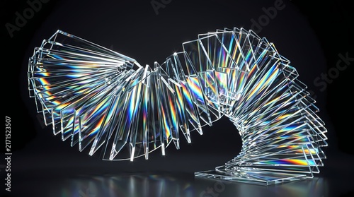 artistic studio shot featuring multiple transparent glass plates arranged in a dynamic spiral wave composition. Bright studio lighting creates stunning iridescent rainbow refractions 