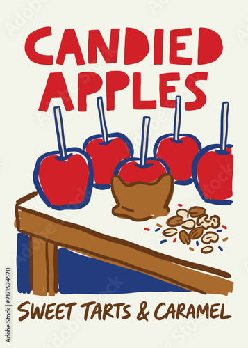 Candied apples illustration in retro hand drawn style for autumn marketing