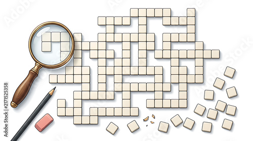 Magnifying Glass and Pencil Over Empty Crossword Puzzle Grid with Loose Tiles, Representing Logic and Problem Solving