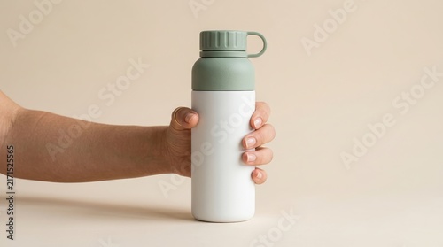 Person holding a white metal reusable water bottle with sage green lid on beige background