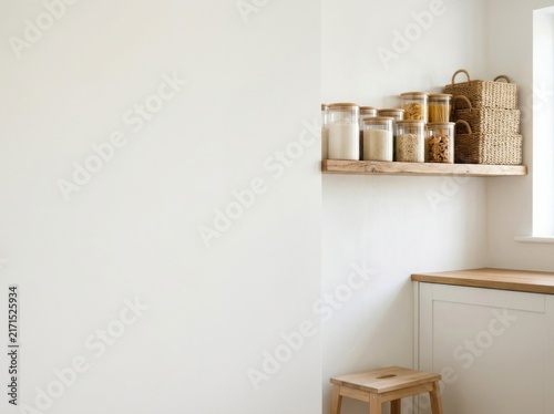 Minimalist kitchen pantry with floating wooden shelf holding glass storage jars and woven baskets, set against white walls with closed white cabinetry and a wooden step stool corner.
