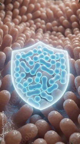 Gut Microbiome Imbalance Showing Beneficial Bacteria Protection Shield Among Intestinal Villi, While Harmful Bacteria Affect Digestive Health and Gut Bacteria Balance