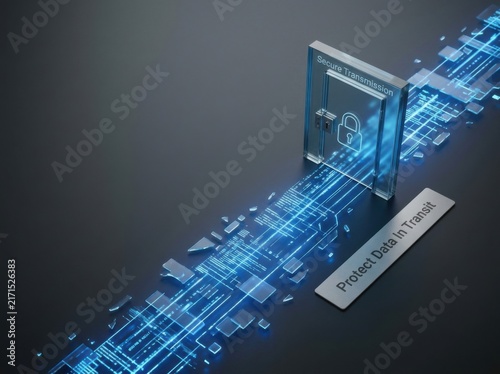Conceptual 3D illustration of a glass gateway for secure transmission with a padlock icon and glowing blue data streams, featuring a plaque with the text Protect Data In Transit.