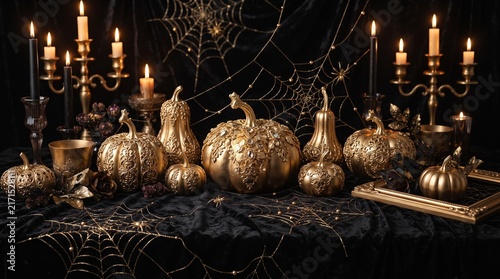 A luxury Halloween background with black velvet texture, gold pumpkin accents, refined spider web lines, and subtle candle glow, premium editorial design, 8k.