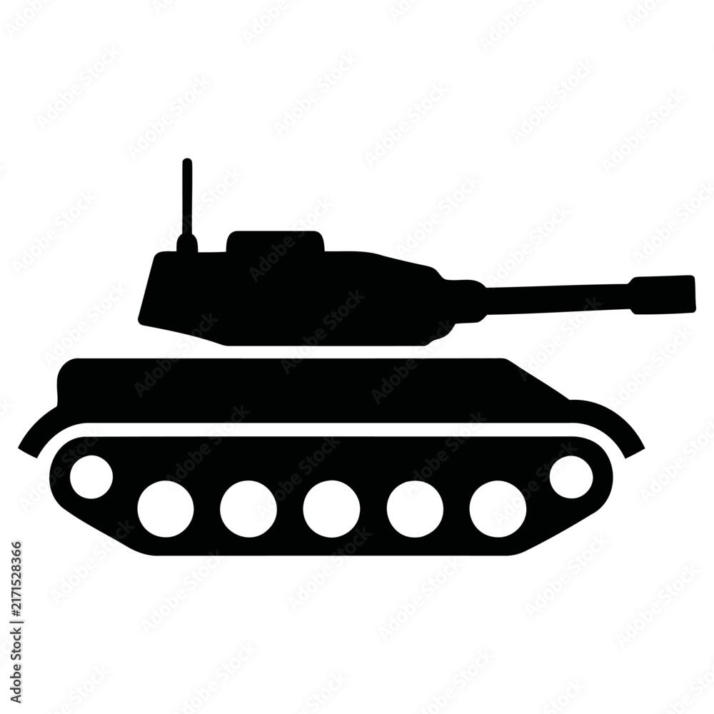 Obraz premium Simple black silhouette vector illustration showing a heavy armored military tank used for defense operations and tactical ground warfare in a combat zone setting