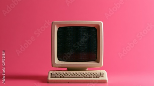 Retro vintage beige computer with old keyboard on pink background technology device isolated classic electronics front view minimalist design digital screen