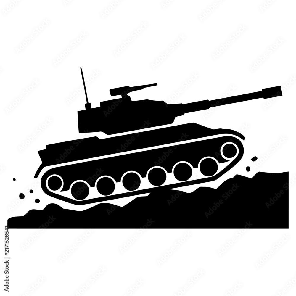 Fototapeta premium Vector graphic illustration portraying a powerful military tank silhouette moving dynamically on rough terrain, representing strength, combat, and defense design.