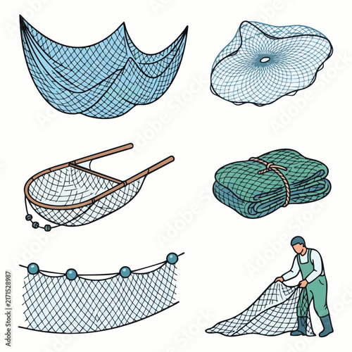 Set of fishing nets, dragnet, fishnet equipment, and a fisherman casting a net in the sea. Isolated flat vector illustration for fishery concept.