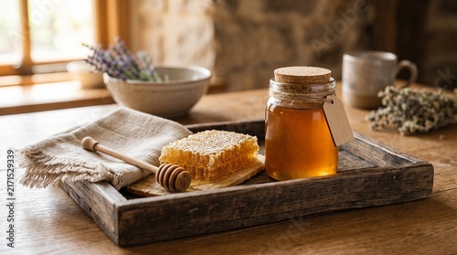 Jar of honey with honeycomb and wooden dipper on rustic tray