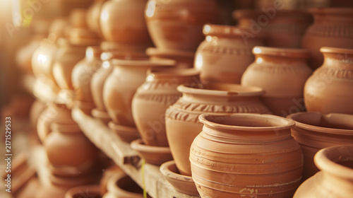 Traditional Handmade Clay Pots Displayed on Wooden Shelves in Pottery Workshop