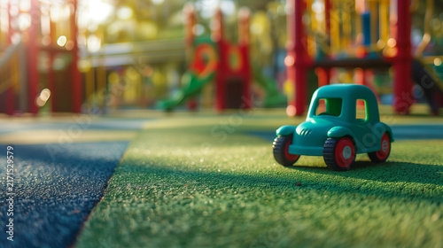 Small Toy Car on Playground Surface With Blurred Colorful Background Outdoors