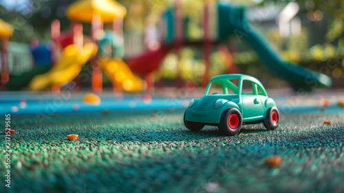 Small Toy Car on Playground Surface With Blurred Colorful Background Outdoors