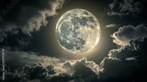 Bright Full Moon Illuminating Night Sky Above Dramatic Clouds in Dark Atmosphere